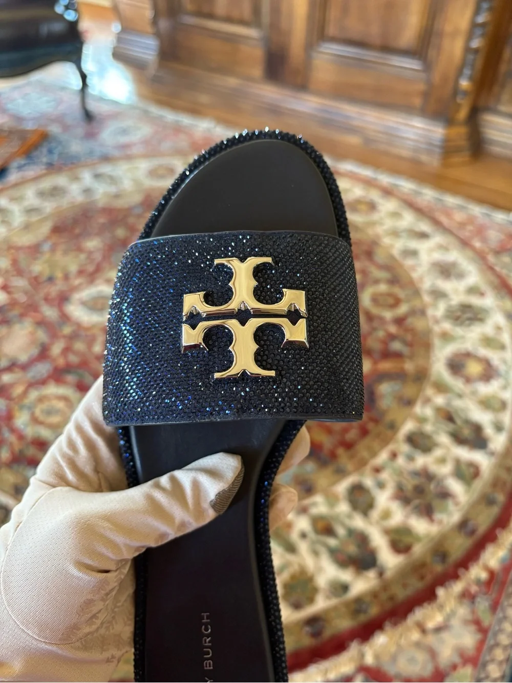 Tory Burch Navy Glitter Logo Slide Mules